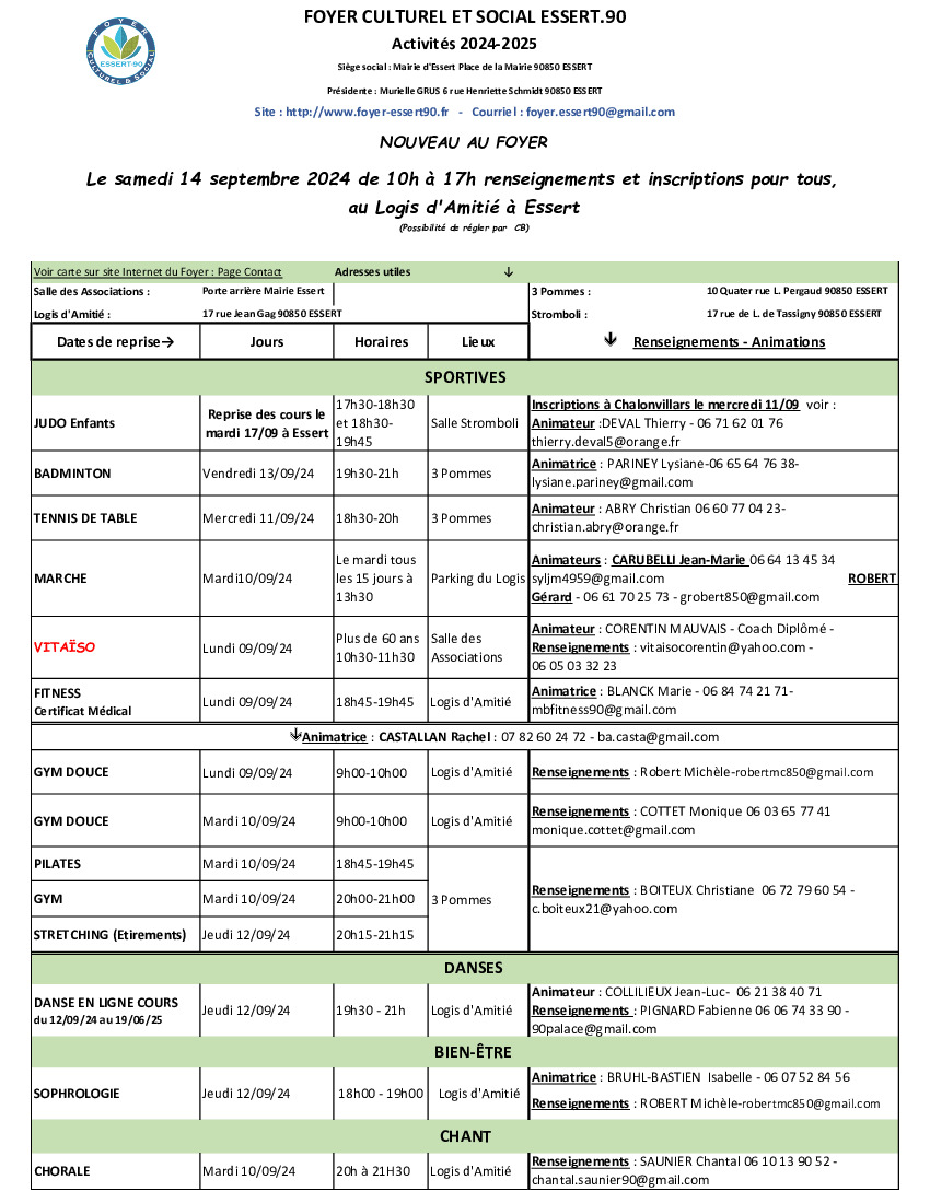 Activités proposées par le Foyer d'Essert