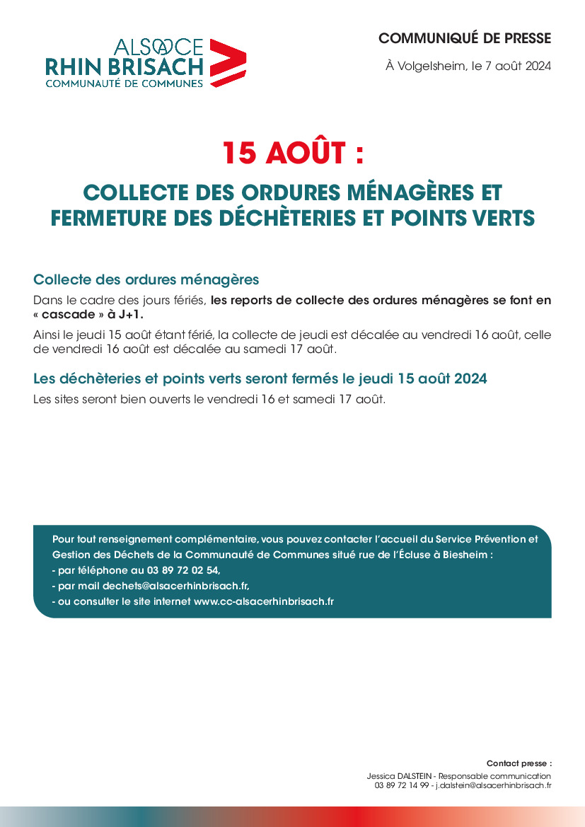 Jeudi 15 Août 2024 - collecte des ordures ménagères et deche