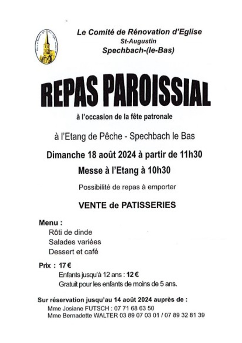 Ce dimanche : Fête patronale avec repas paroissial à l'étang