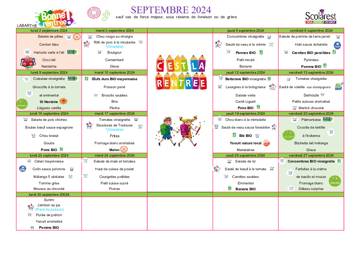 MENU CANTINE SCOLAIRE SEPTEMBRE 2024