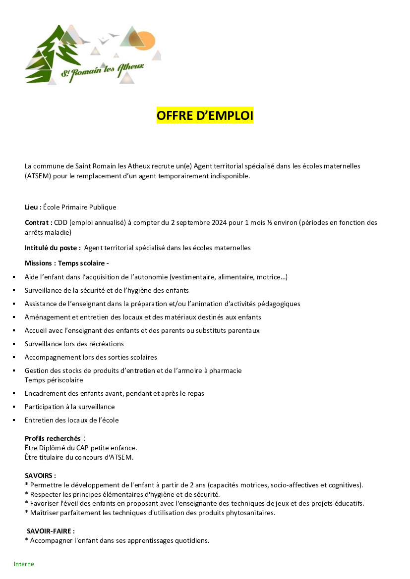 Offre d'emploi Ecole St Romain (1/1)