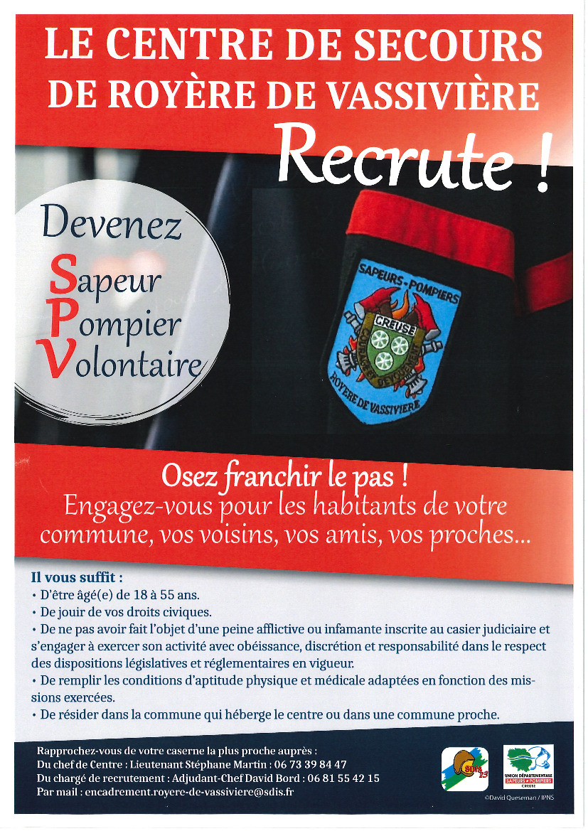 Le centre de secours de ROYERE DE VASSIVIERE recrute