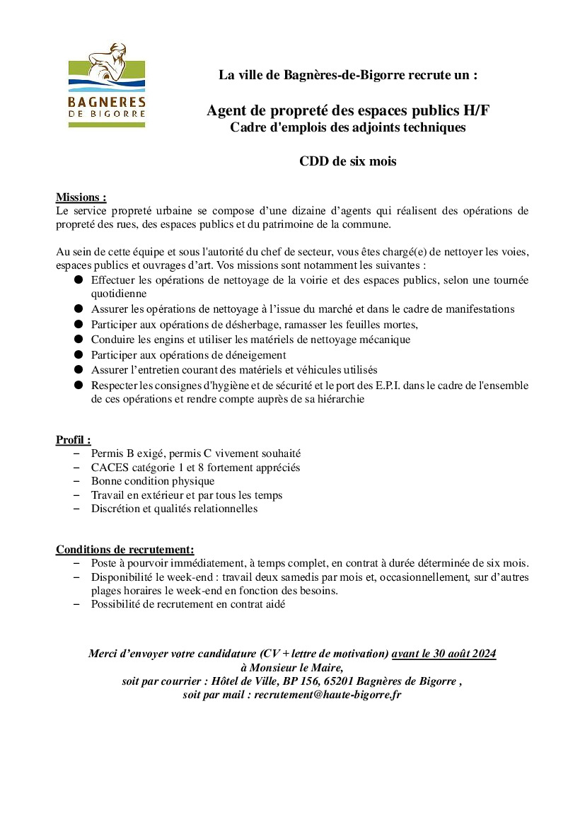 offre d'emploi à la mairie de Bagnères - espaces publics