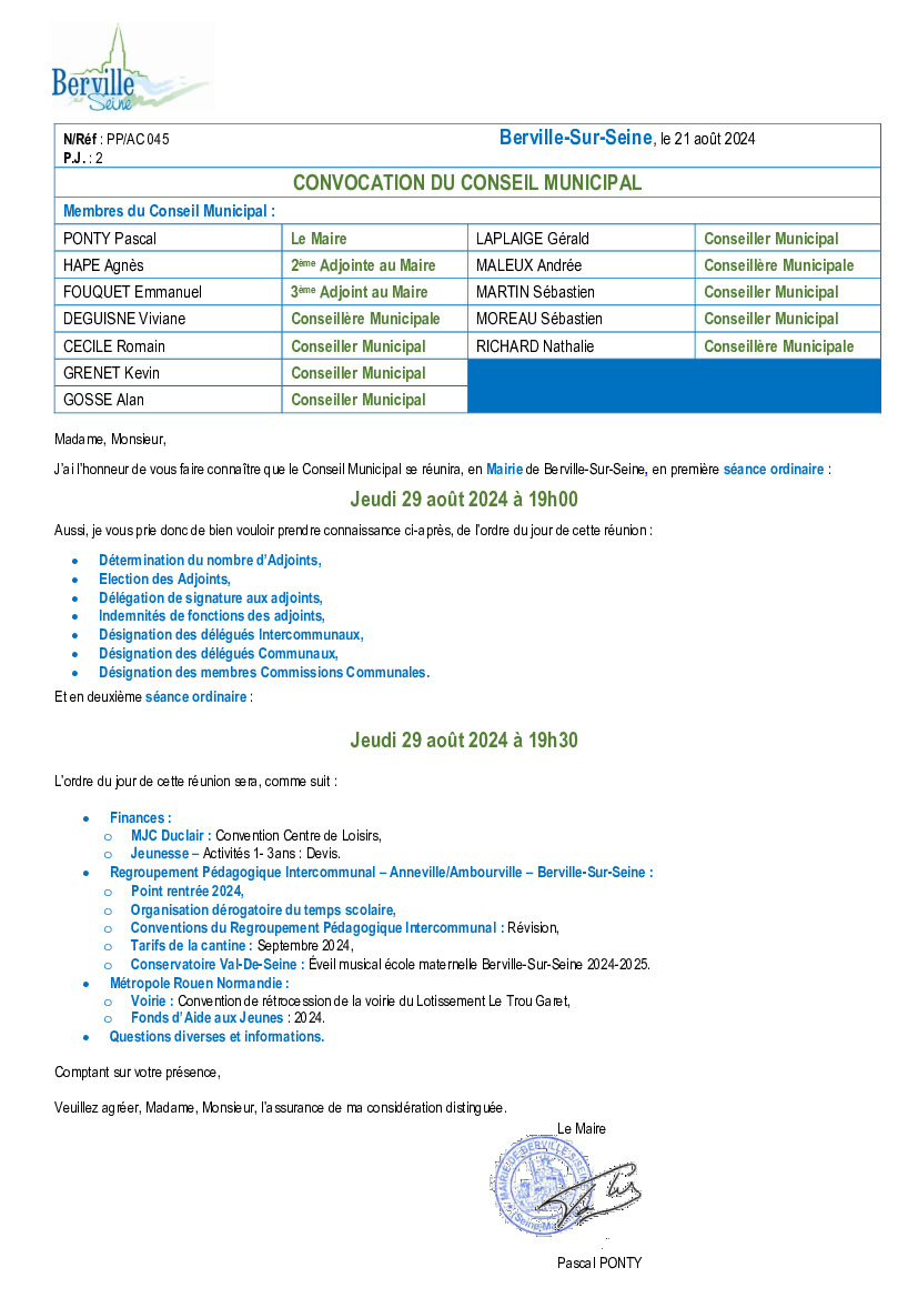 Conseil Municipal du 29 août 2024