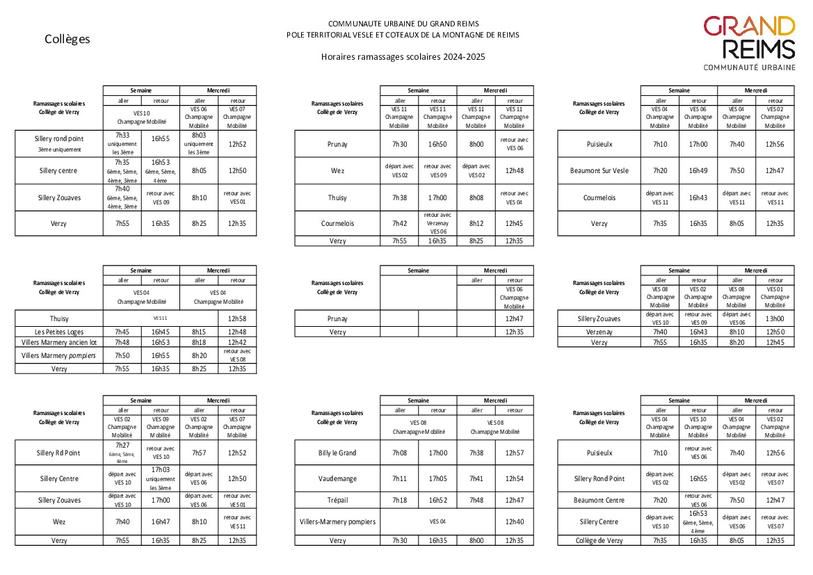 Horaires transports scolaires collège de Verzy