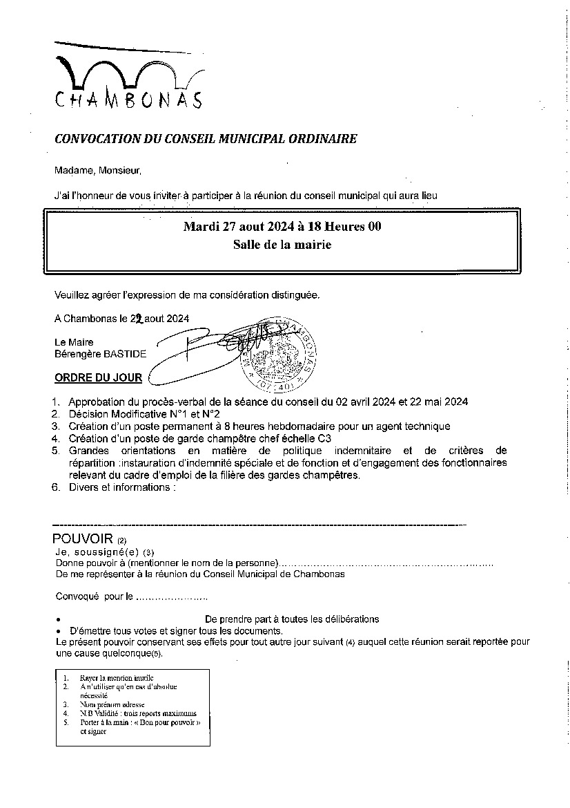 Convocation du conseil municipal ordinaire 27/08/2024