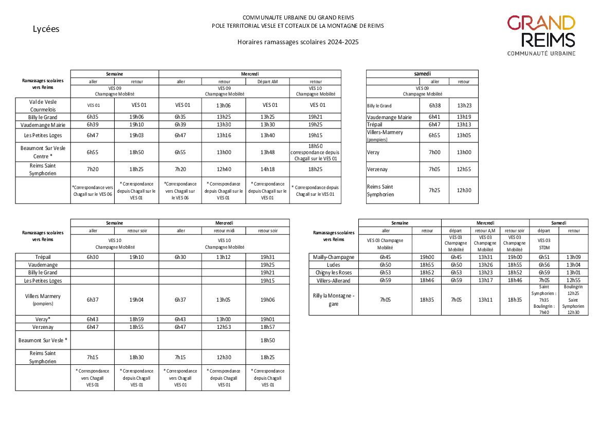 Horaires transports scolaires pour le lycée Chagall