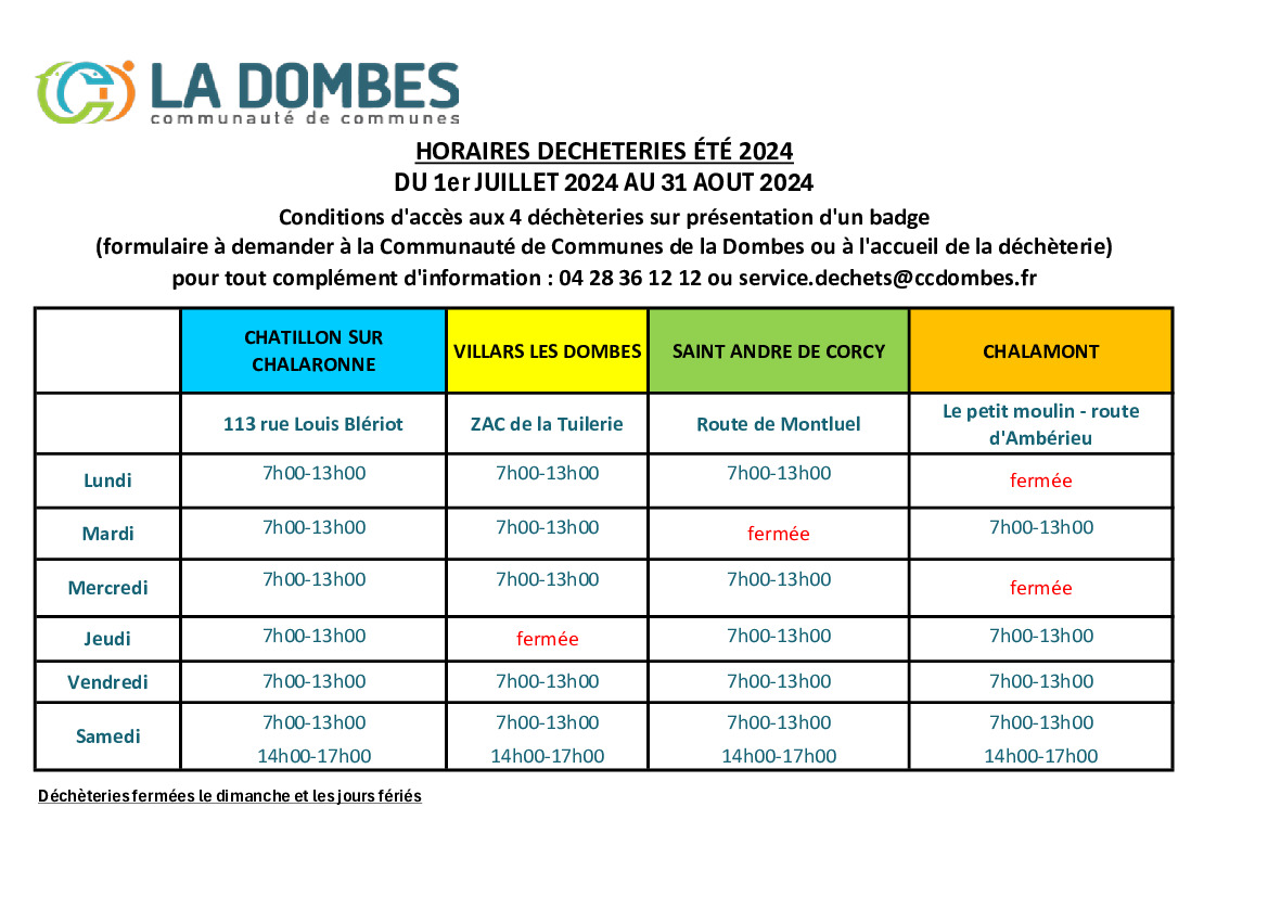 Horaires déchèteries Eté 2024