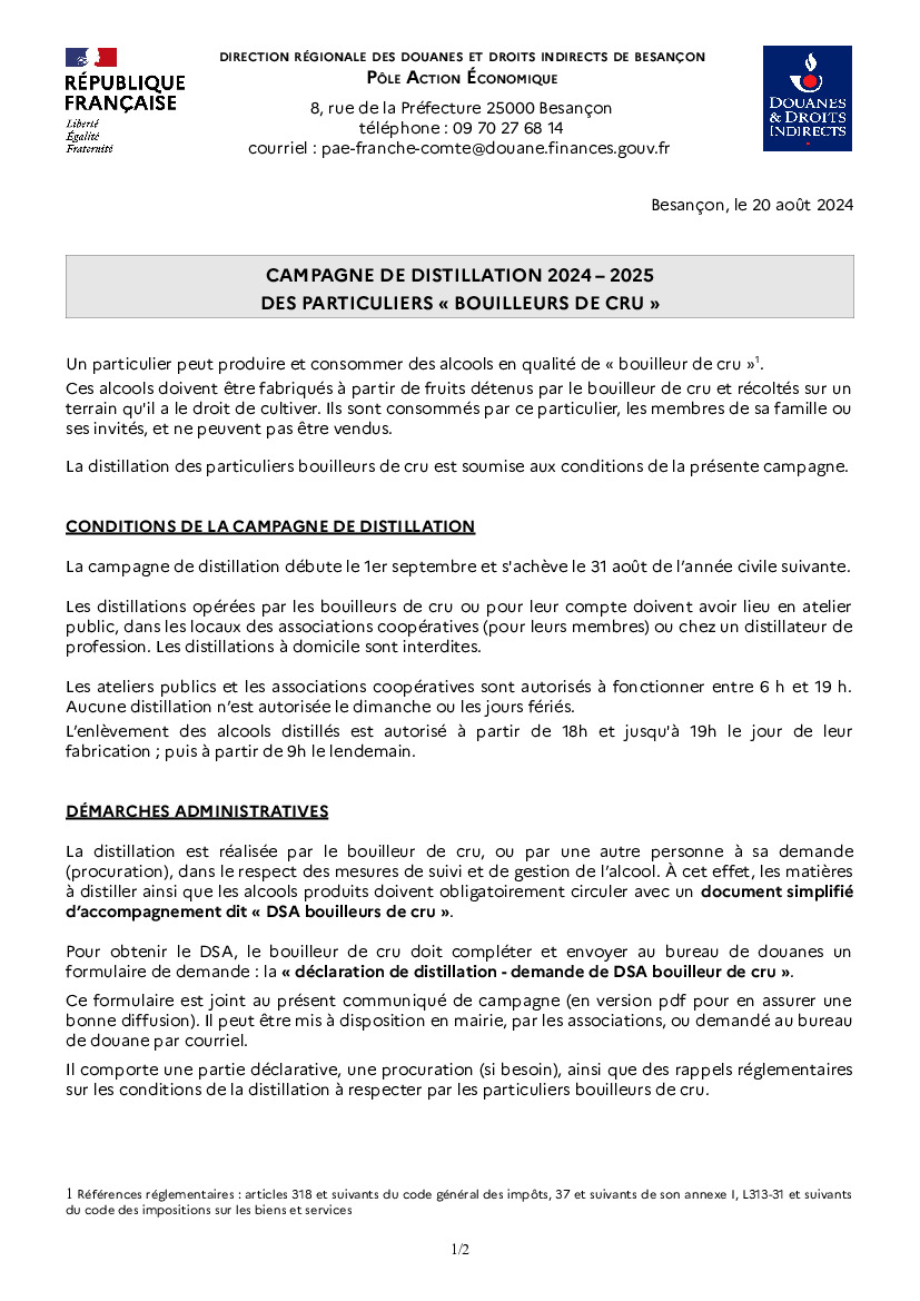 Campagne de distillation des particuliers 2024-2025