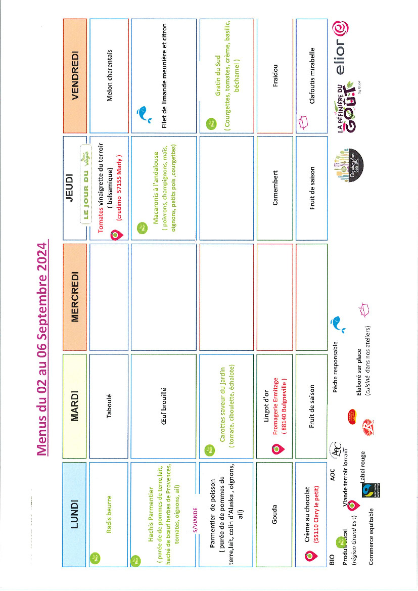 Cantine scolaire : menus de septembre