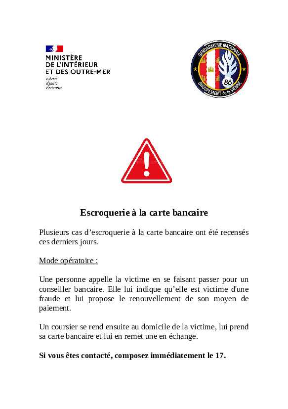 Alerte fraude carte bancaire par la gendarmerie