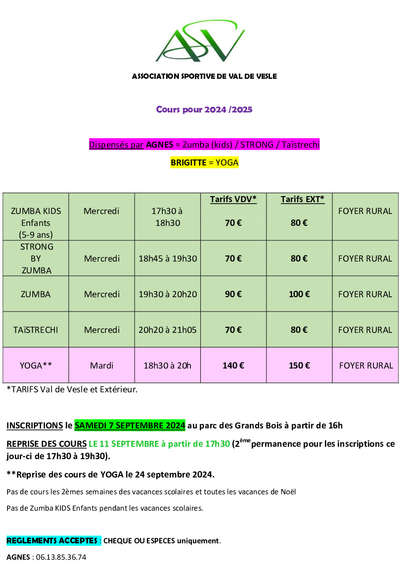 Activités sportives 2024/2025 sur la commune