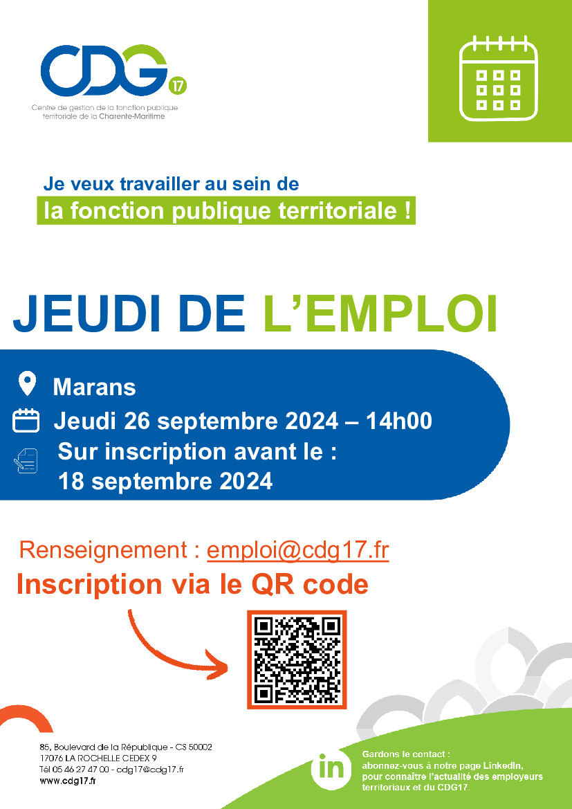 Jeudi de l’emploi CDG17 - Jeudi 26 septembre 2024 - Marans