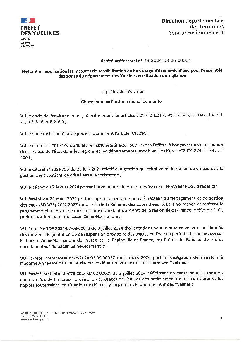 SÉCHERESSE- Arrêté Préfectoral du 26 août 2024