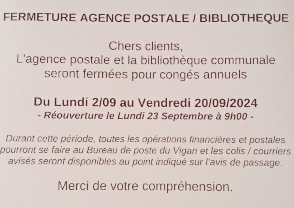 Agence postale et bibliothèque communale - congés annuels