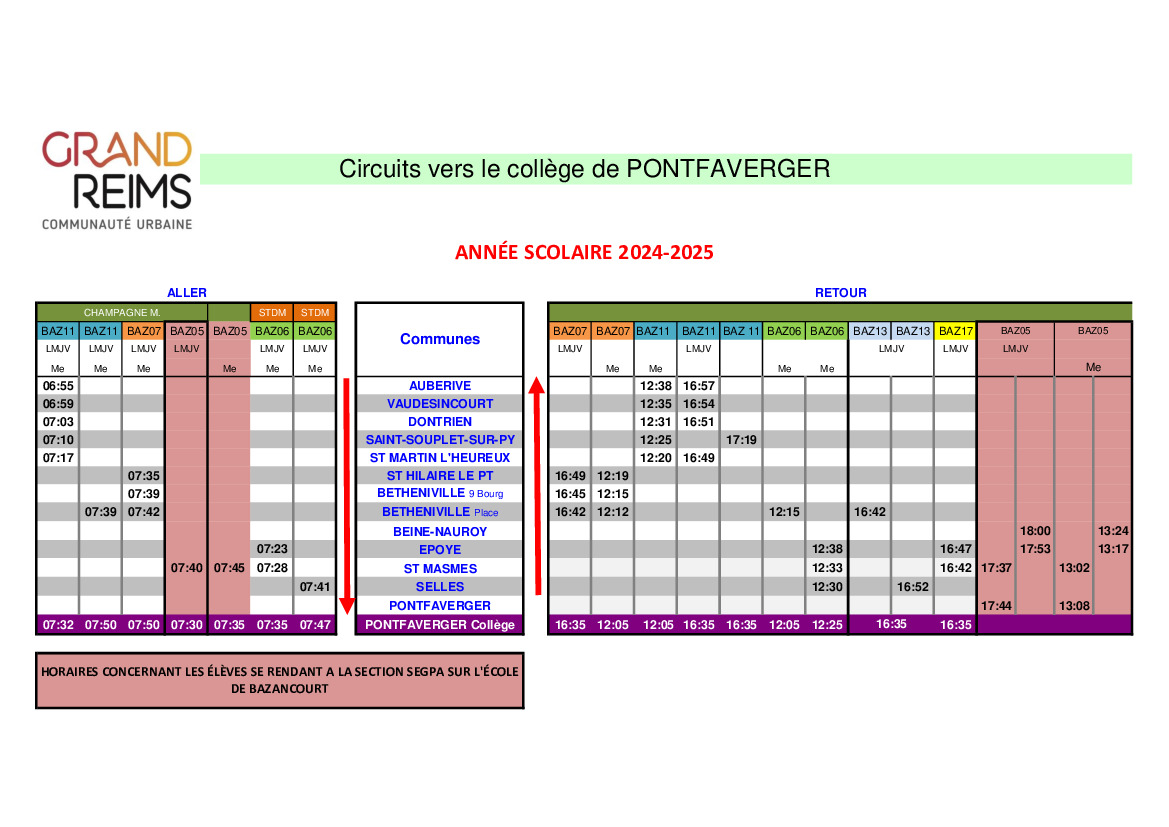 Horaires des bus collège de Pontfaverger