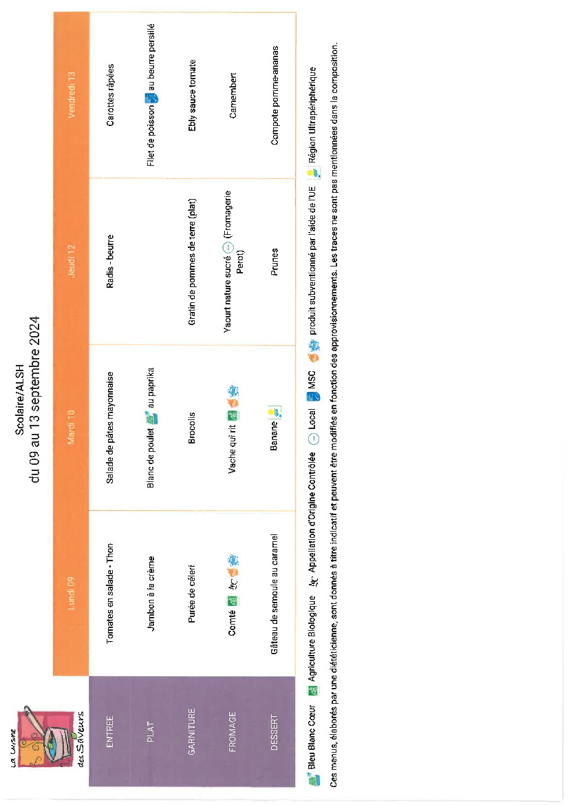 Menu scolaire/ALSH du 9 au 13 septembre