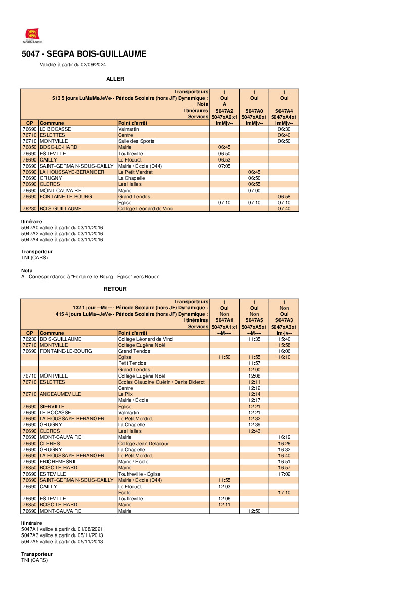 Horaires transport scolaire.