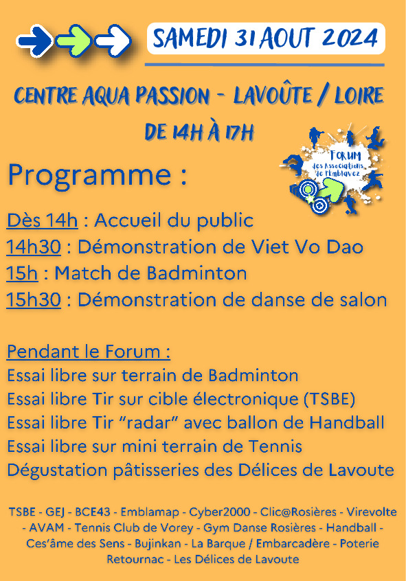 Samedi 31 août : PROGRAMME FORUM DES ASSOCIATIONS EMBLAVEZ