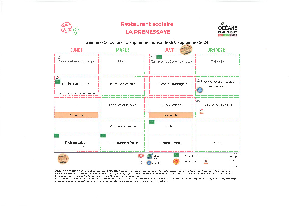 Menus de la cantine semaine 36