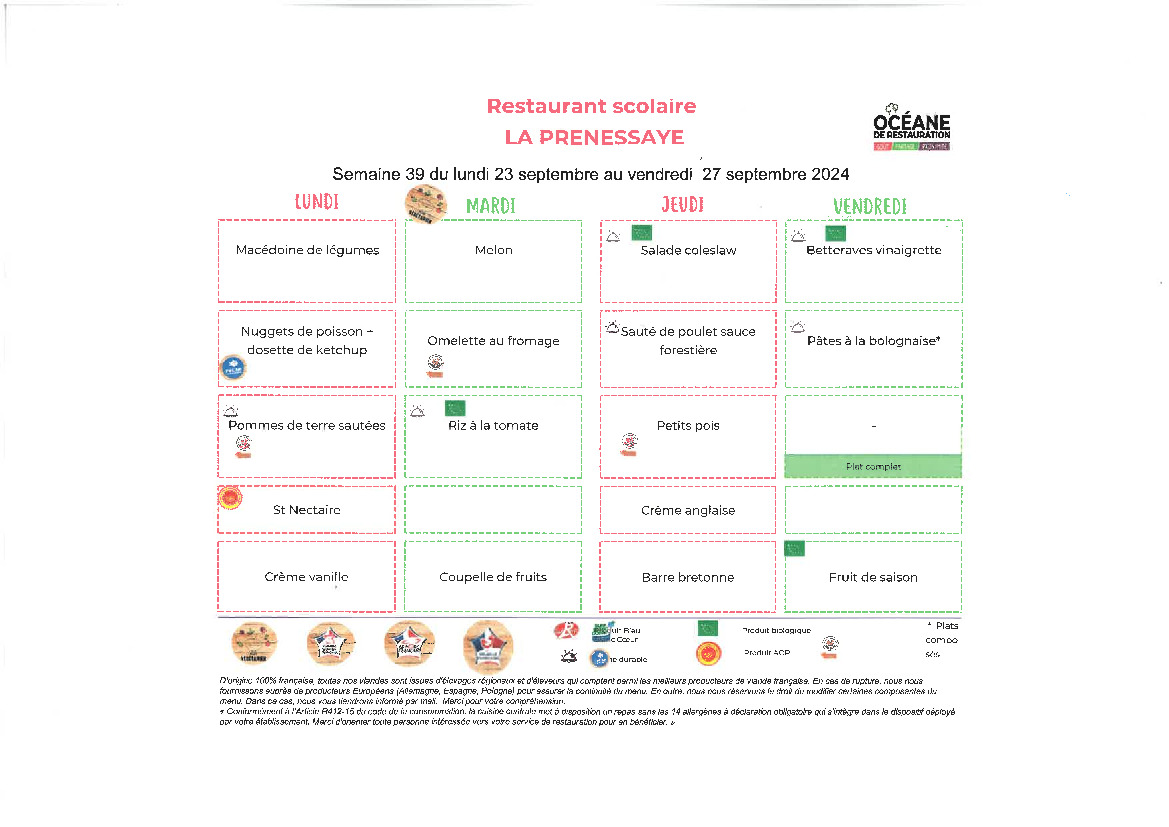 Menus de la cantine semaine 39