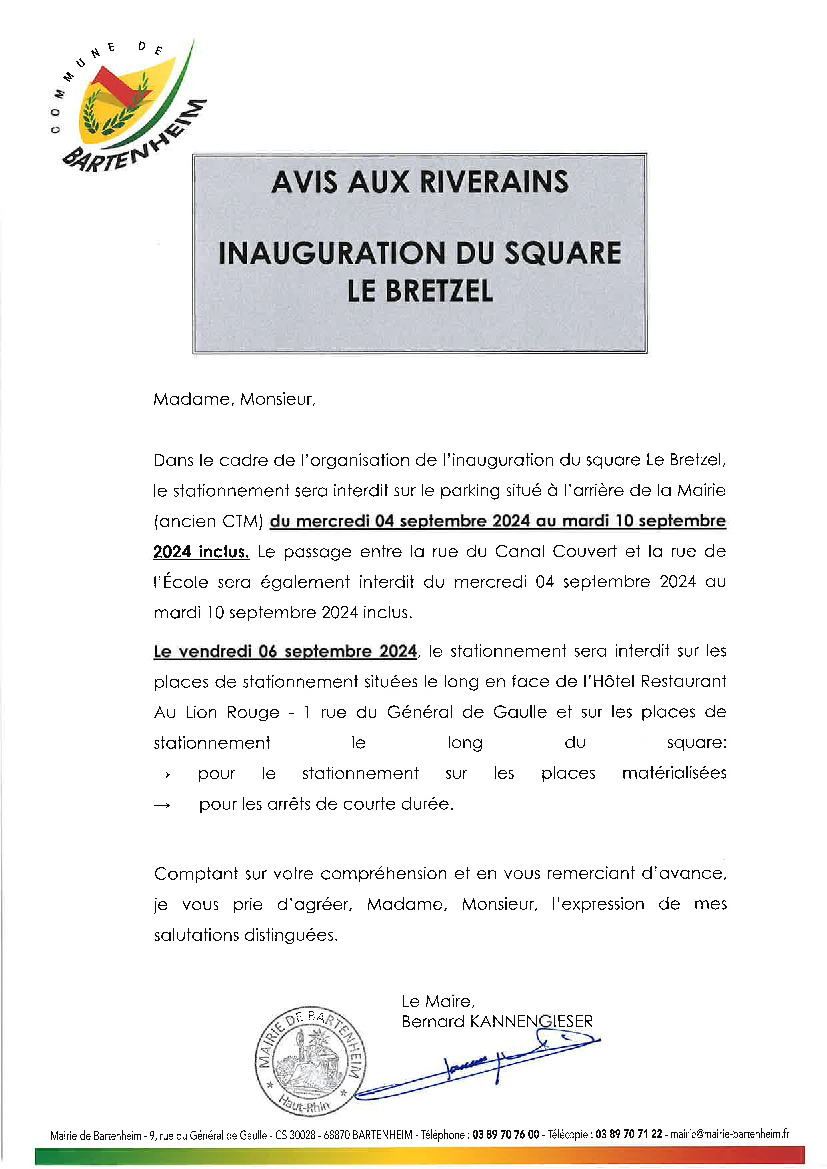 Avis aux riverains  - Inauguration du square Le Bretzel (1/1)