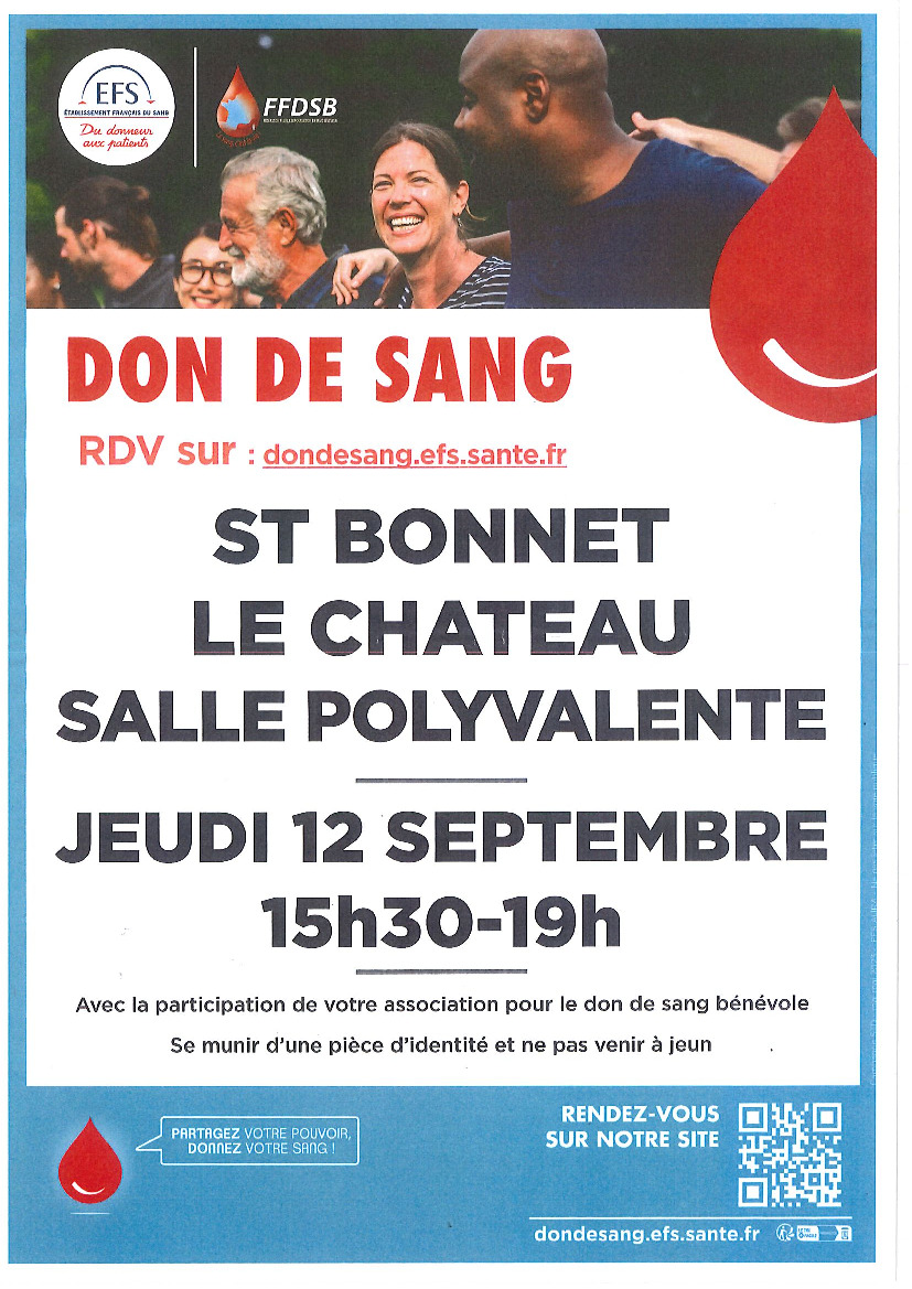 Don de sang le 12 septembre à St Bonnet le Château