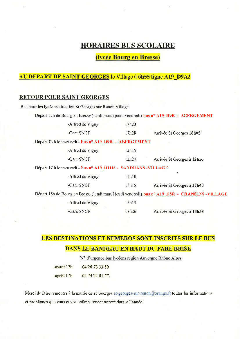 HORAIRES BUS SCOLAIRE RENTREE 2024