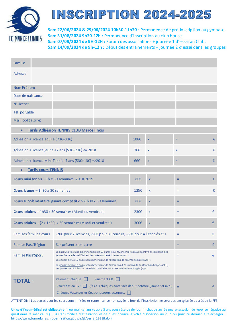 TENNIS CLUB MARCELLINOIS : INSCRIPTIONS / 2024-2025