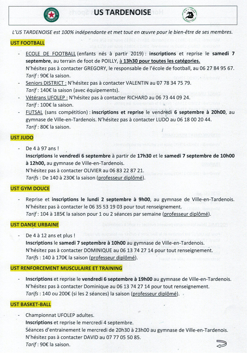 ACTIVITÉS US TARDENOISE 2024-2025