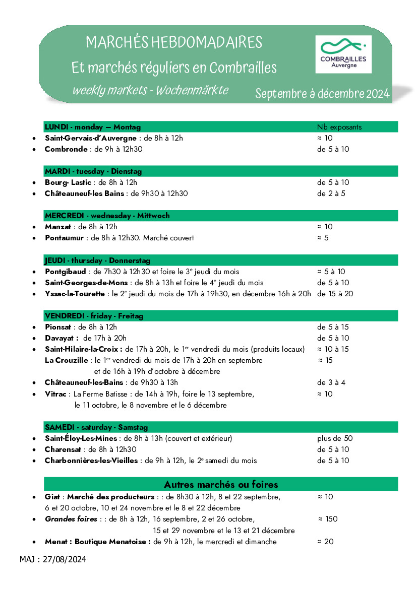 Marchés en combrailles de septembre à decembre