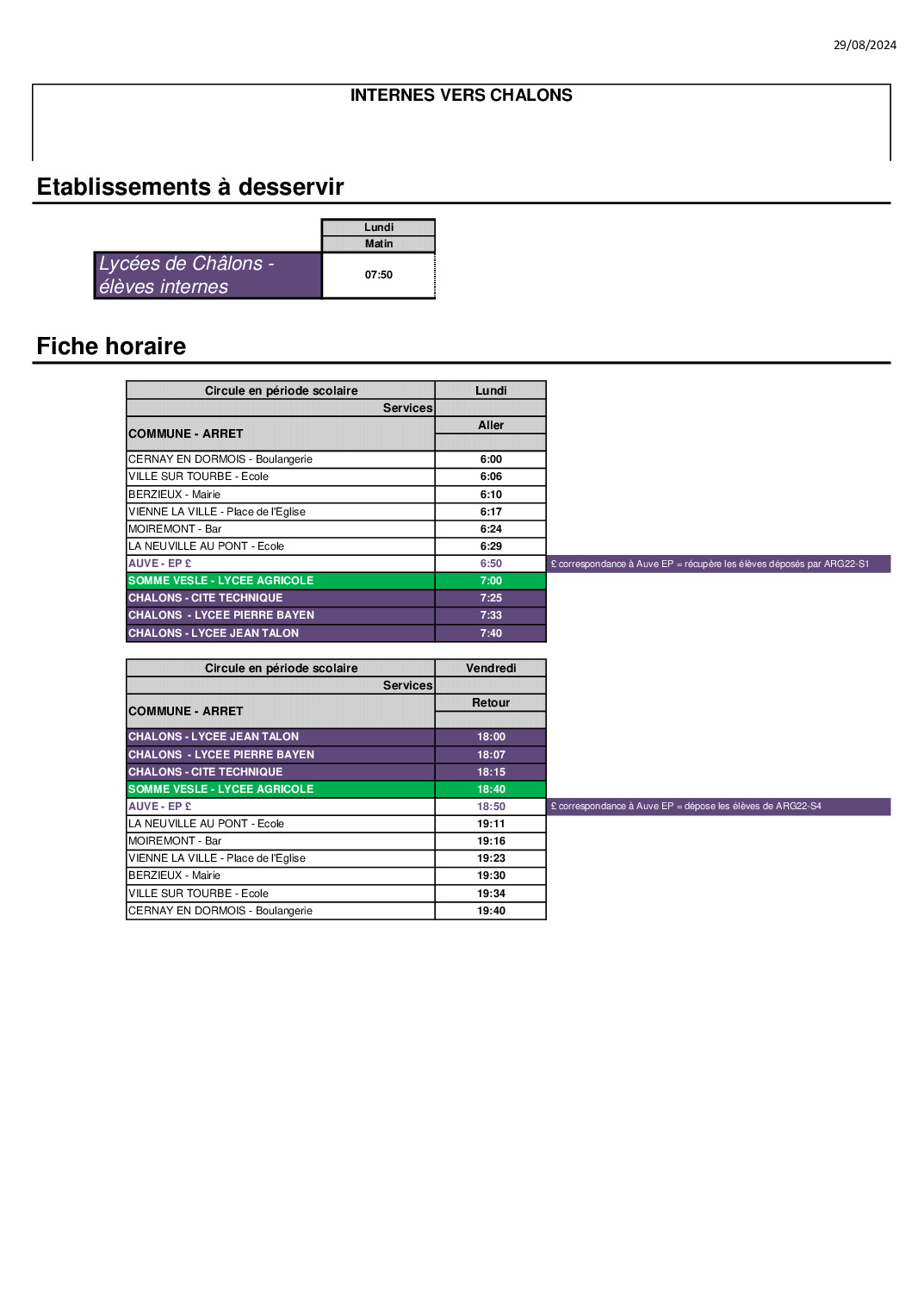 Horaires des lignes des internes vers les lycées de Chalons