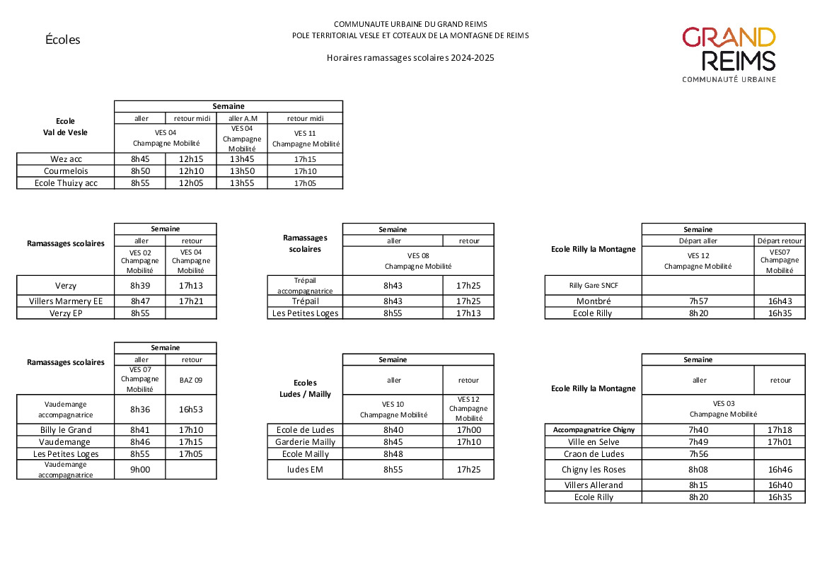 Horaires transports scolaires école de Val-de-Vesle