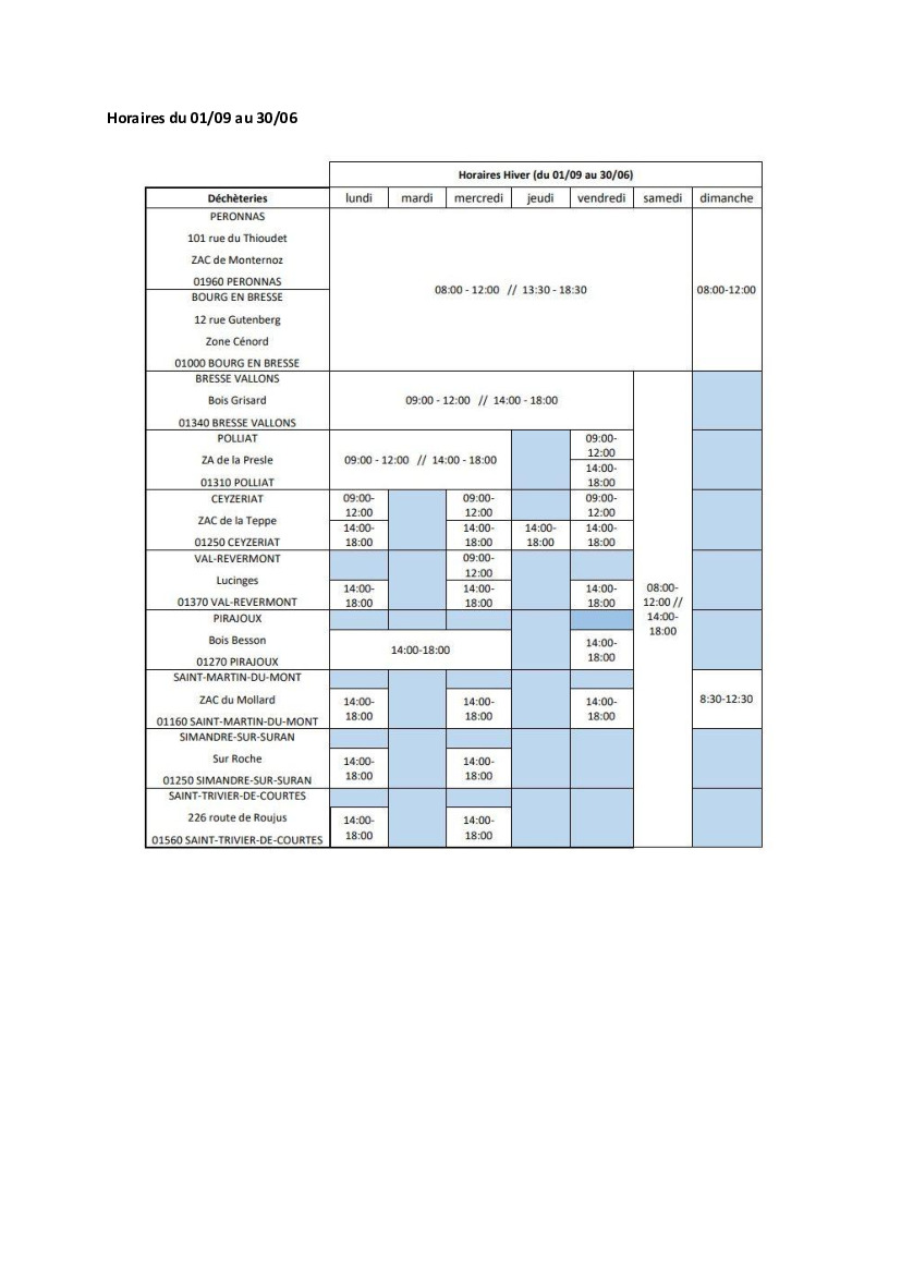 Horaires  automne et hiver  des déchèteries (1/1)