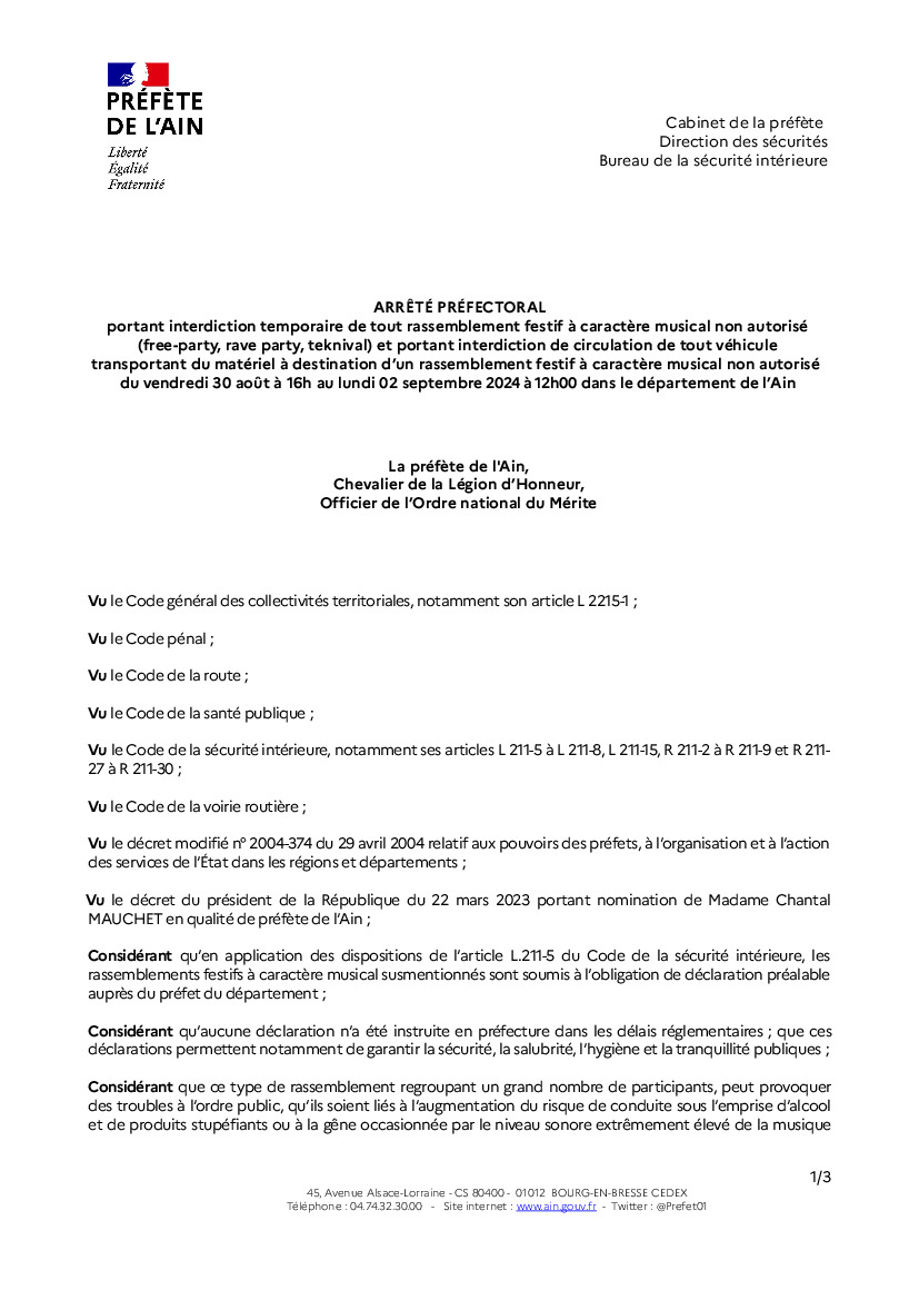 Arrêté d'interdiction de rassemblement à caractére musical (1/1)