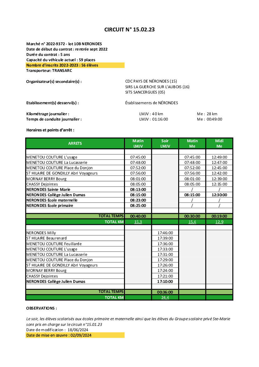 Horaires transport scolaire 2024/2025