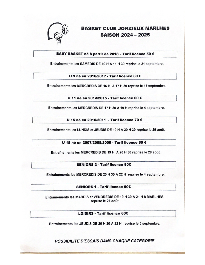 horaires basket