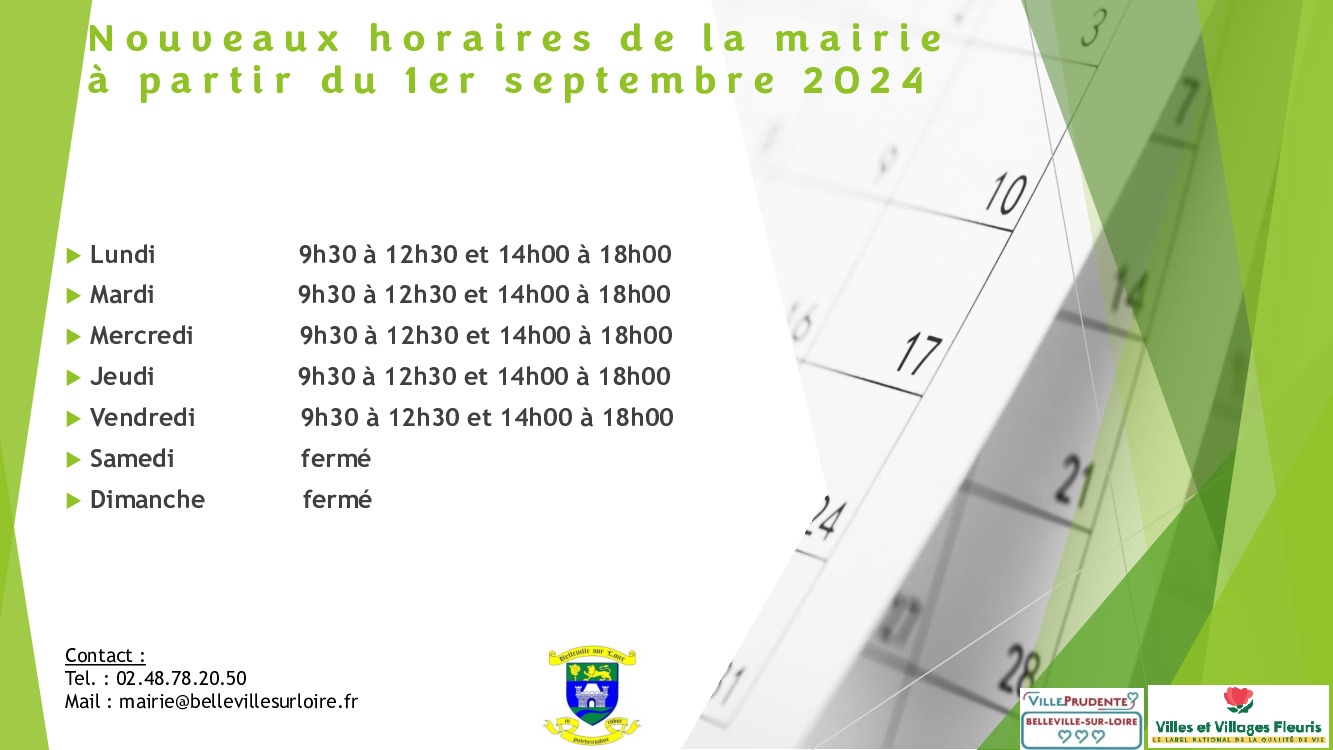 Nouveaux horaires de la mairie à partir du 2 septembre 2024