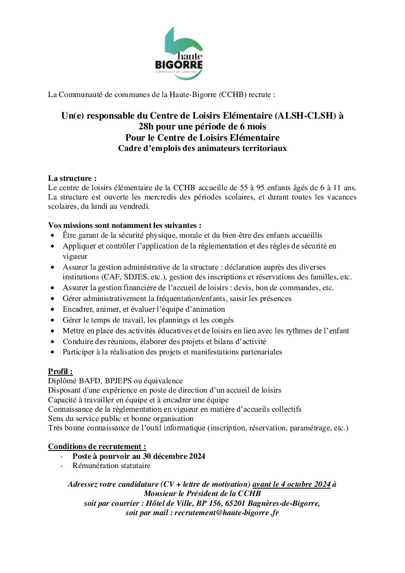 offre d'emploi à la CCHB - responsable centre de loisirs