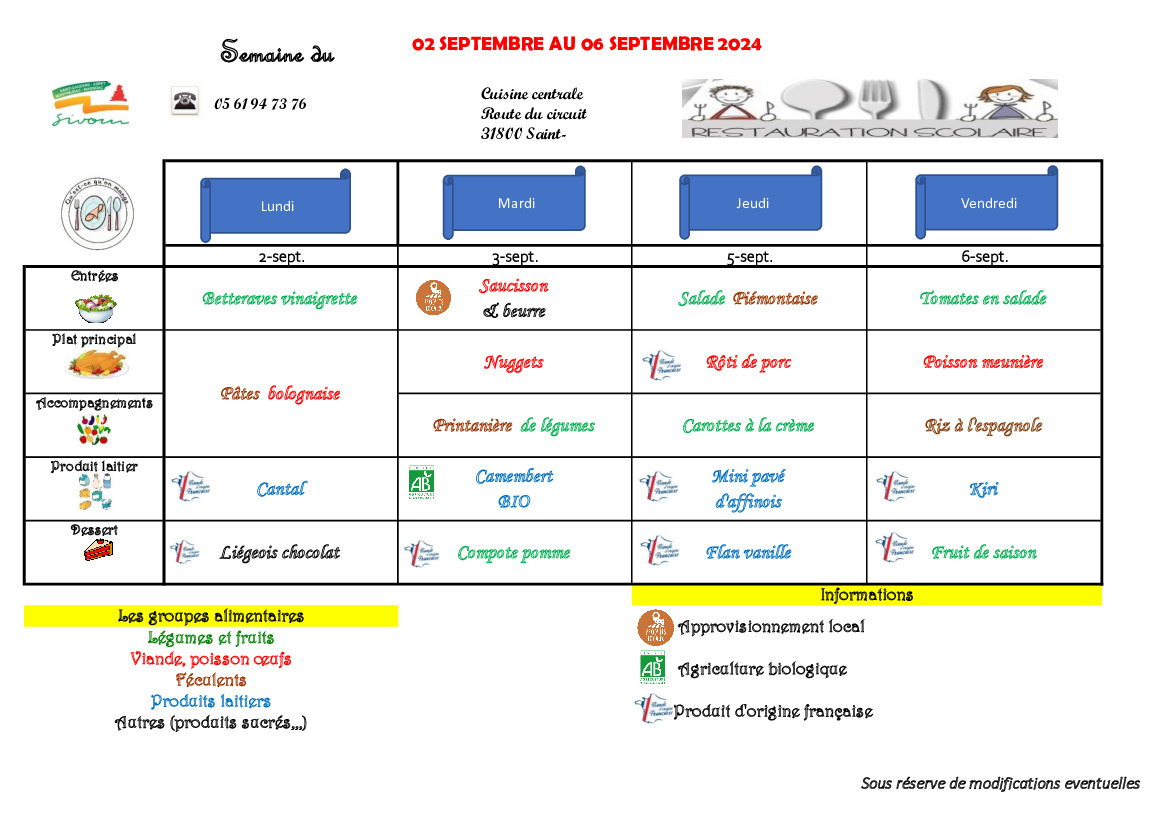 Menus de la cantine