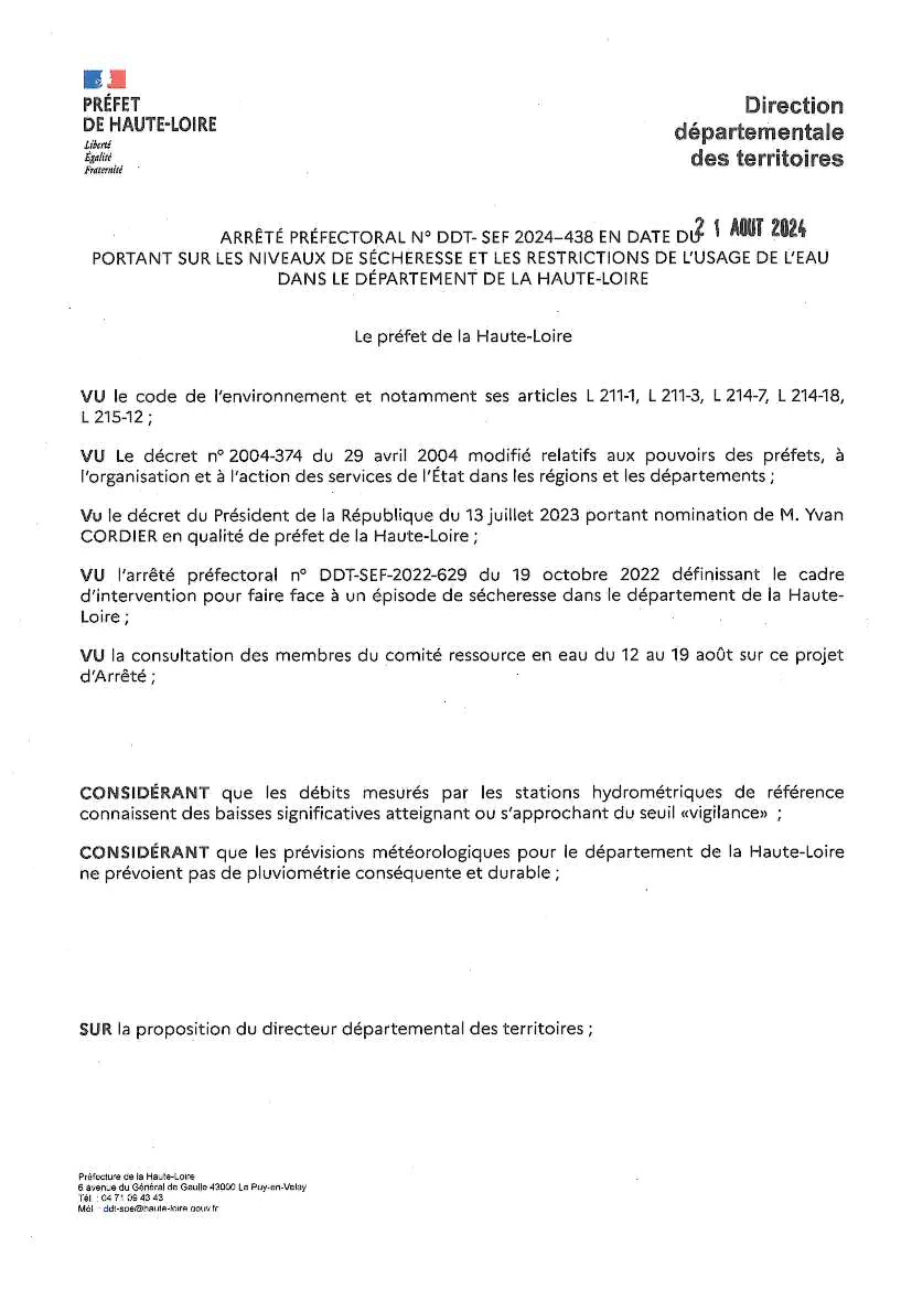 Arrêté sécheresse Haute-Loire du 30 aout 2024