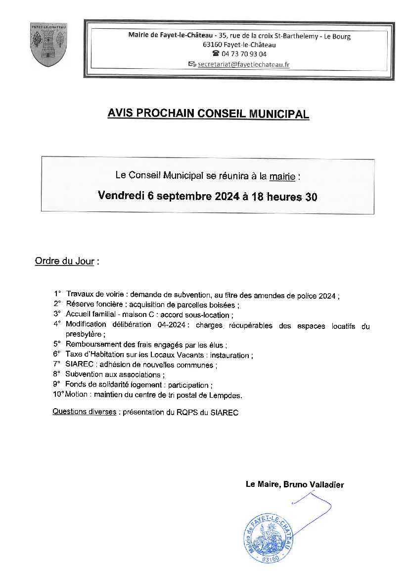 Conseil municipal vendredi 6 septembre