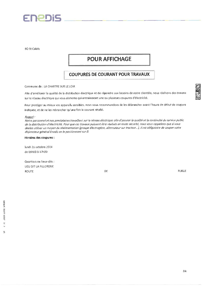 Coupures de courant pour Travaux ENEDIS 21/10/2024