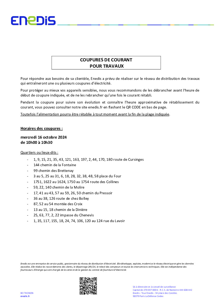 Coupure d'électricité mercredi 16 octobre