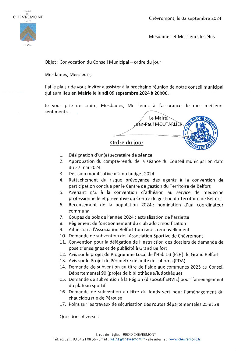 Ordre du jour du prochain Conseil Municipal