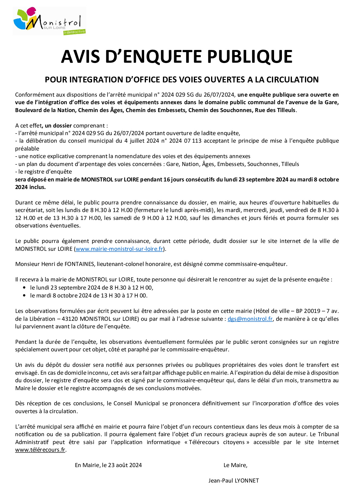 Avis d'enquête publique