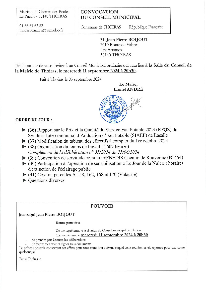 Avis de réunion du Conseil Municipal le 11/09/2024