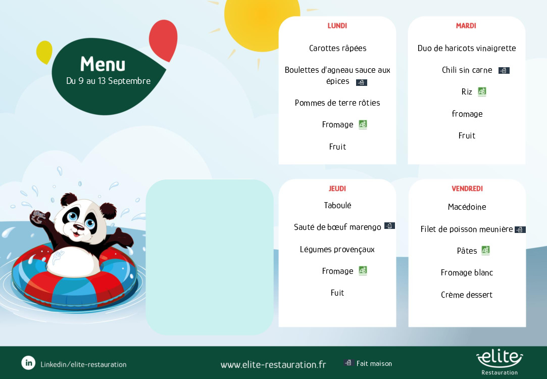 Menu cantine du 9 au 13 septembre 2024