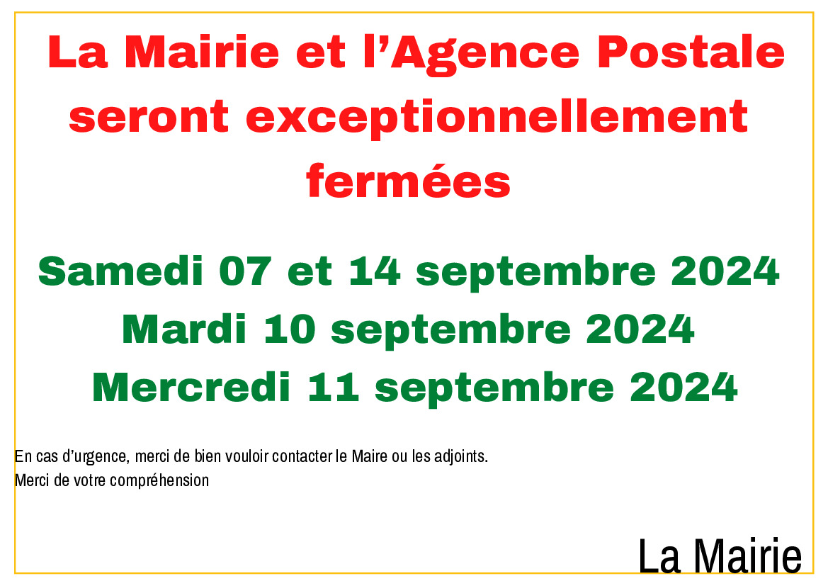 Fermetures exceptionnelles Mairie / Agence postale