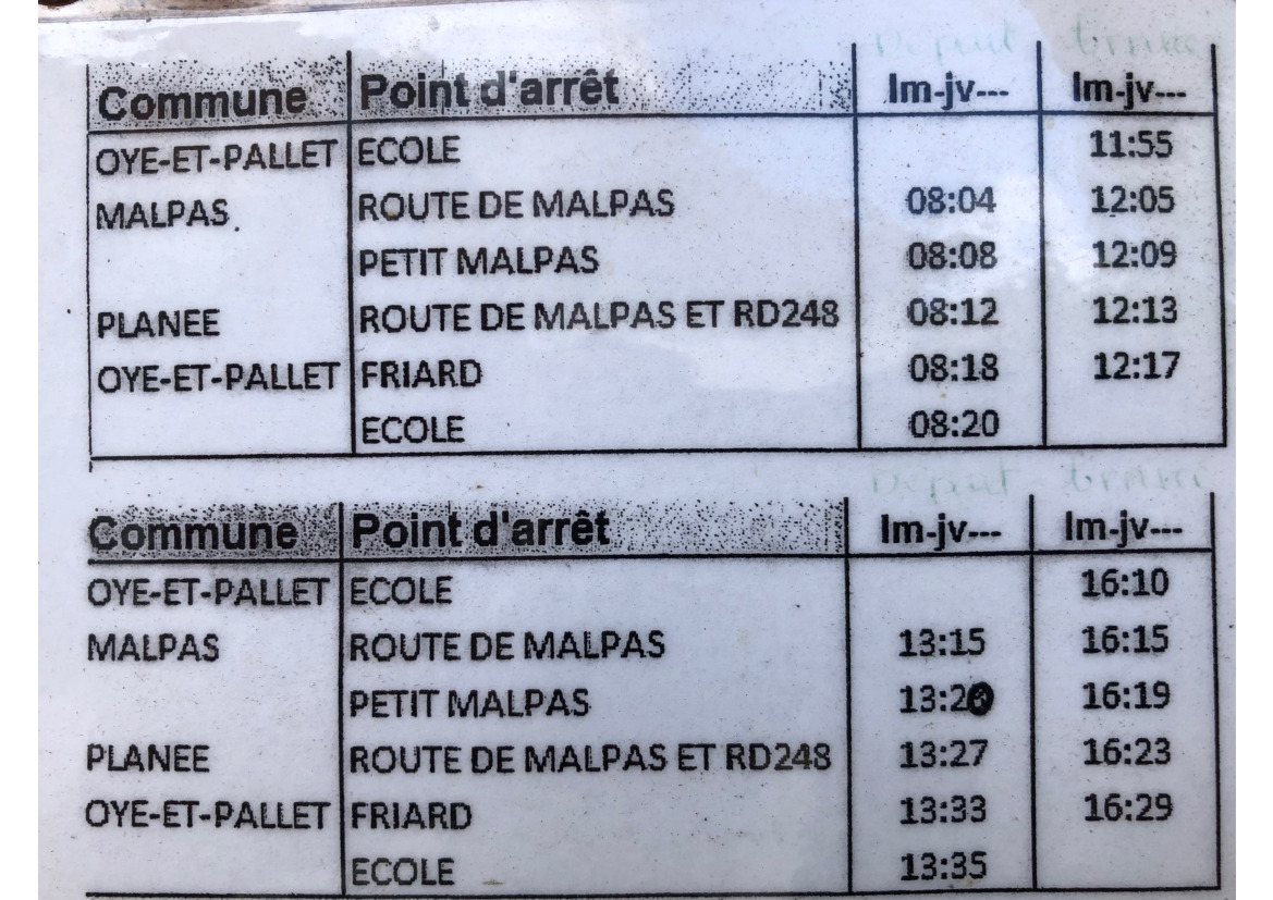 Rappel horaires bus ramassage scolaire Oye et Pallet